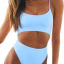Meyeeka Womens Scoop Neck Cut Out Front Lace Up Back High Cut Monokini One Piece Swimsuit (Large, Light Blue)