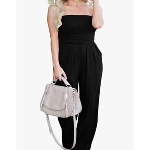 Women's Tube Top Strapless Off Shoulder Loose Wide Leg Jumpsuit Romper with Pockets Black S Women's Tube Top Strapless Off Shoulder Loose Wide Leg Jumpsuit Romper with Pockets Black S