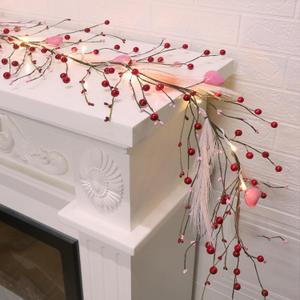 DR.DUDU Valentines Garland, 6 FT Lighted Garlands for Mantle with Heart Lights Pink Feather Red Berry, Pre-lit Valentine Decorations for Fireplace Indoor Outdoor Home Table Party Wedding