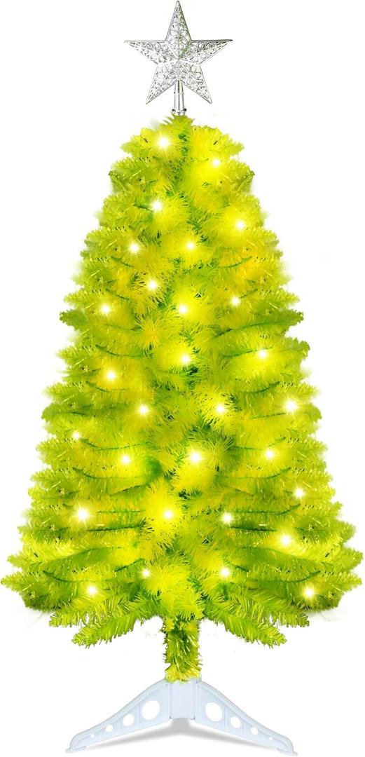 [Timer & 8 Modes] 3Feet Christmas Tree Lime Green, Small Christmas Tree with Lights for Indoor Home Living Room Office Holiday Decor, Green Xmas Tree with Star Topper