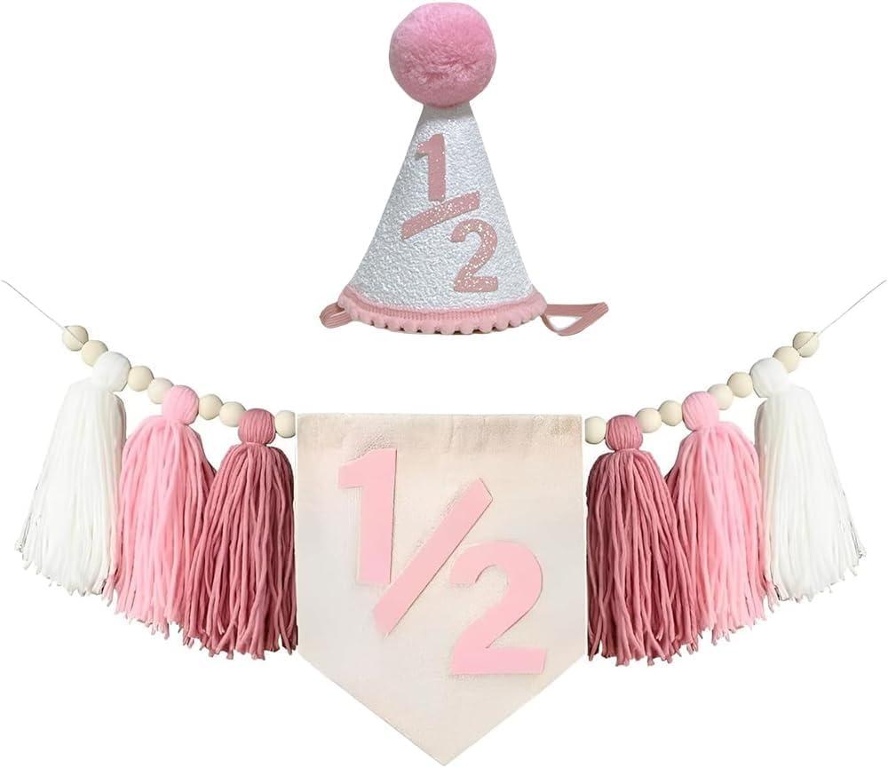 Pink Half Birthday Decorations for Girl Pink Boho Handmade 1/2 High Chair Banner with Cone Hat for Girl 1/2 Birthday Wall Hangings Decorations