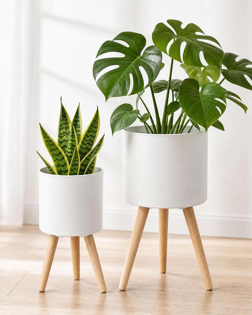 2 Pack Plant Stand, Metal Planter Holder with Wooden Legs, White