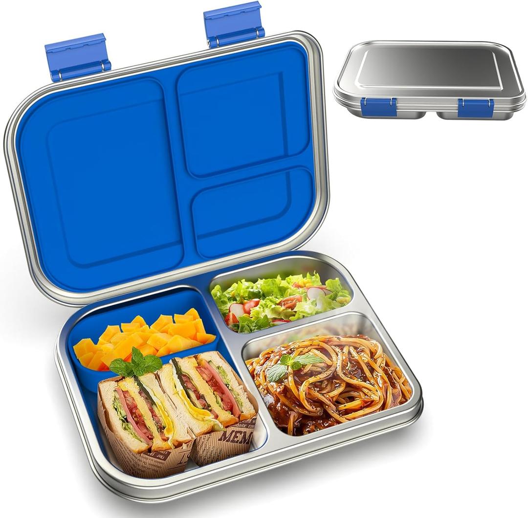 BOSEDSANG Stainless Steel Kids Leak-Resistant Bento Lunch Box, 3-Compartments with Silicone Container, Dishwasher-Safe, Child-Friendly Design for School, Picnics & Travel,BPA-Free (Blue)