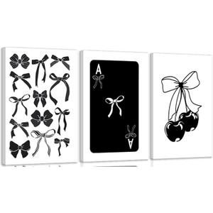 Kyiyhzp 3Pcs Fashion Black White Bow Canvas Wall Art Funky Aesthetic Cherry Poker Picture Painting Trendy Preppy Aesthetic Wall Decor Artwork for Girl Room Dorm Apartment Bedroom Decorations 16x24in