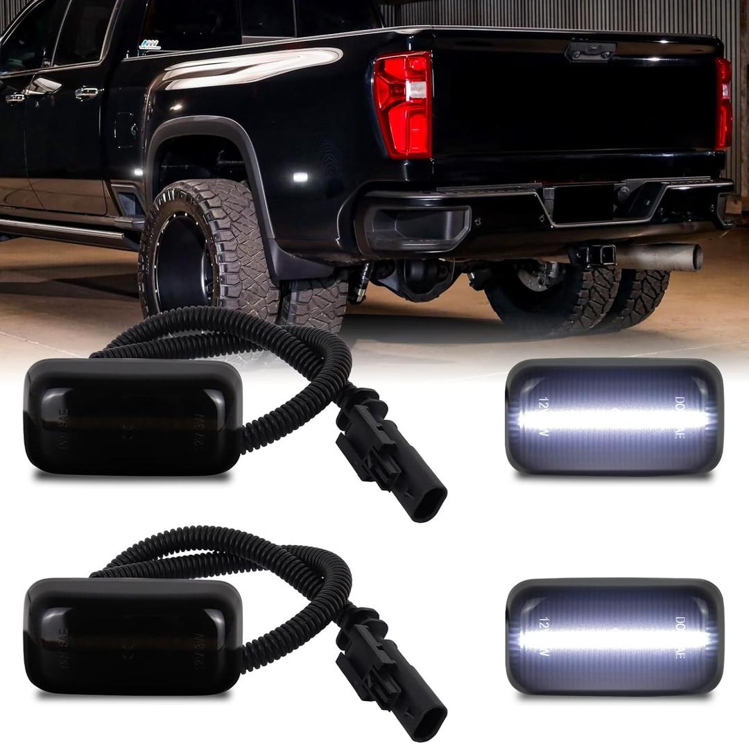 LED Dually Fender Side Marker Lights For 2015-2025 Chevy Silverado GMC Sierra 2500HD 3500HD White Dual Rear Wheel Truck Bed Marker Lamps, Smoked Lens 4PCS