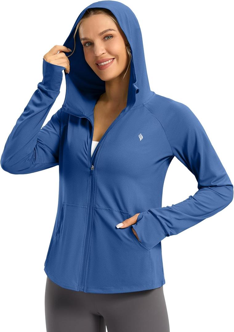 SANTINY Women's UPF 50+ UV Jacket Sun Protection Zip up Hoodie Lightweight Summer SPF Long Sleeve Shirts for Hiking Running (Medium, Darkblue)