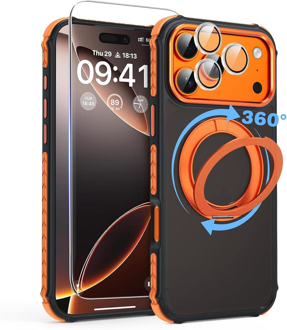 Magnetic Case for iPhone 17 Pro Max with Mag-Ring Holder Stand, [Screen Protector + Camera Lens Protector] [Military Grade Drop Protection] Translucent Matte Shockproof Phone Cover, Orange
