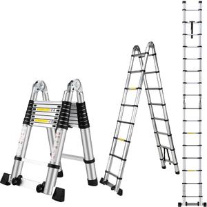 16.5 FT A Frame Telescoping Ladder, Adjustable Multi-Purpose Collapsible Extension w/Balance Bar & Wheels, Heavy Duty 330 lbs Max Capacity, Ideal for Home and Outdoor Work, Silver