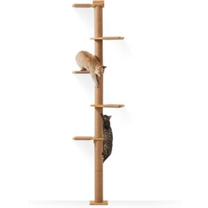 FUKUMARU Tall Cat Tree, 5 Tier Floor to Ceiling Cats Tower, Wall-Mounted Kitten Scratching Post, Wild Simulation Kittens Wall Shelves, Suitable for Climb, Scratch, Lookout and Play (BlanchedAlmond)