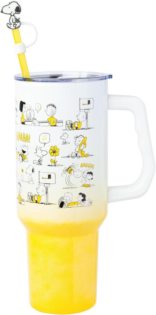 Silver Buffalo Peanuts Featuring Charlie Brown, Snoopy, Woodstock, Lucy, Sally, Linus, and More Stainless Steel Tumbler with Handle and Straw, Fits in Standard Cup Holder, 40 Ounces