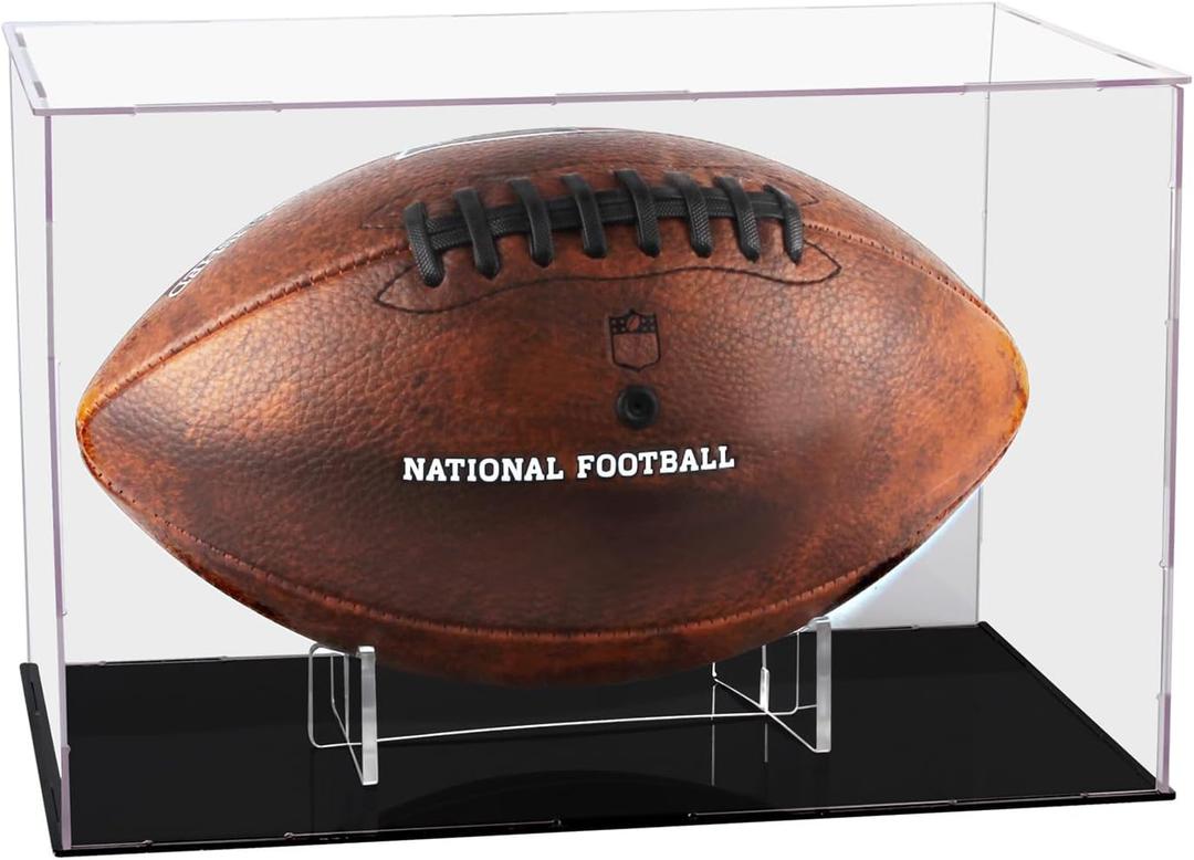 Clear Football Display Case,Memorabilia Display Box Cases for Football or Memorial Sports Gloves,with Steel Brackets Hanger & Removable Interior Football Display Stand(11.8x7.9x7.9 inch; 30x20x20 cm)