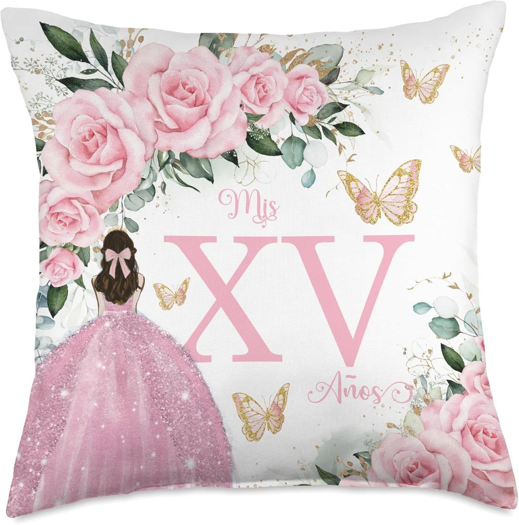 Pink Roses Floral Flowers Princess Quinceaera Mis XV Aos Throw Pillow (18x18)
