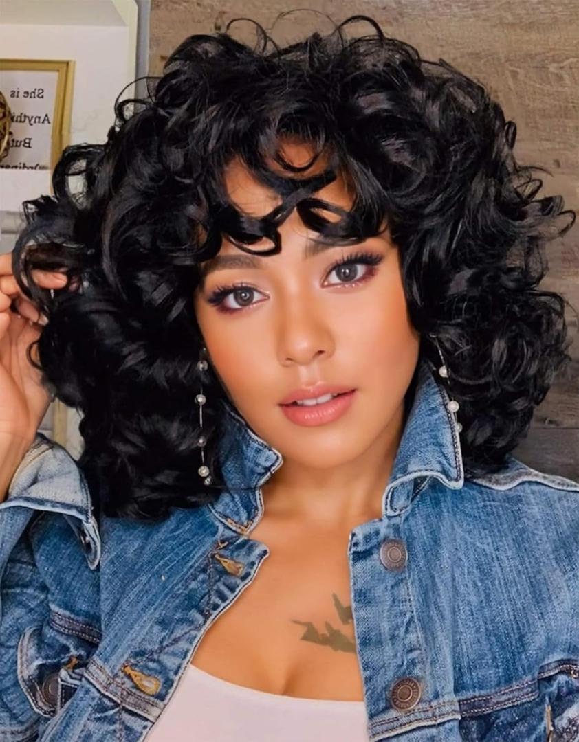 KEAT Curly Wigs for Black Women 14" Short Kinky Curly Black Wig with Bangs Cute Natural Synthtic Soft Wig K001BK