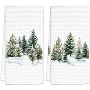 Christmas Winter Kitchen Towels Set of 2, Winter Christmas Pine Tree Decor Dish Towels, Xmas Pine Forest Decorative Hand Towels for Bathroom Kitchen, Christmas Trees Bathroom Decor(16x24 Inch)