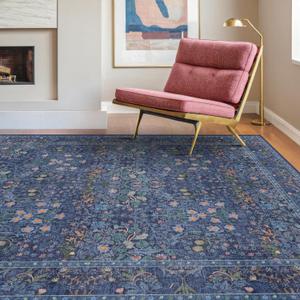 Dining Room Rugs for Under Table - 8x10 Washable Dark Blue Oriental Area Rug for Living Room, Low Pile Non-Slip Floor Carpet for Bedroom - Vintage Navy Design & Stain Resistance