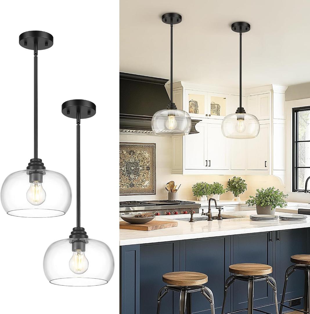 AUTELO 2 Pack Matte Black Pendant Lights, Kitchen Pendant Lights Over Island with Clear Drum Glass, Island Pendant Lights for Kitchen Dining Room Bar, H9385 BK-R-2PK
