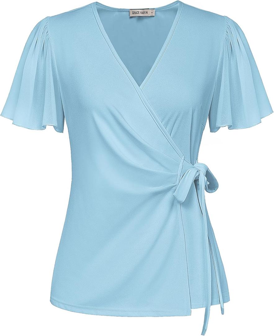 GRACE KARIN Work Tops for Women Deep V Neck Wrap Slim Fit Spring Summer Business Casual Tops Light Blue L