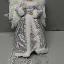 [Timer & Angel] 12 Inch Lighted Christmas Angel Tree Topper with Lights, Luxury Sliver Fabric Small Angel Tree Topper with Wings 10 Warm White LEDs Battery Operated for Home Christmas Tree Decoration