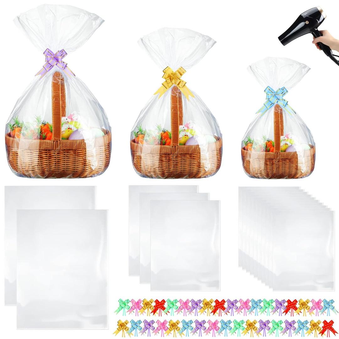 100 Pcs 3 Sizes Shrink Wrap Bags for Gift Baskets 20" x 28" 16" x 24" 14" x 18" Clear plastic Heat Shrink Cellophane Bags and 6 Color Pull Bows for easter Christmas Baskets Packaging