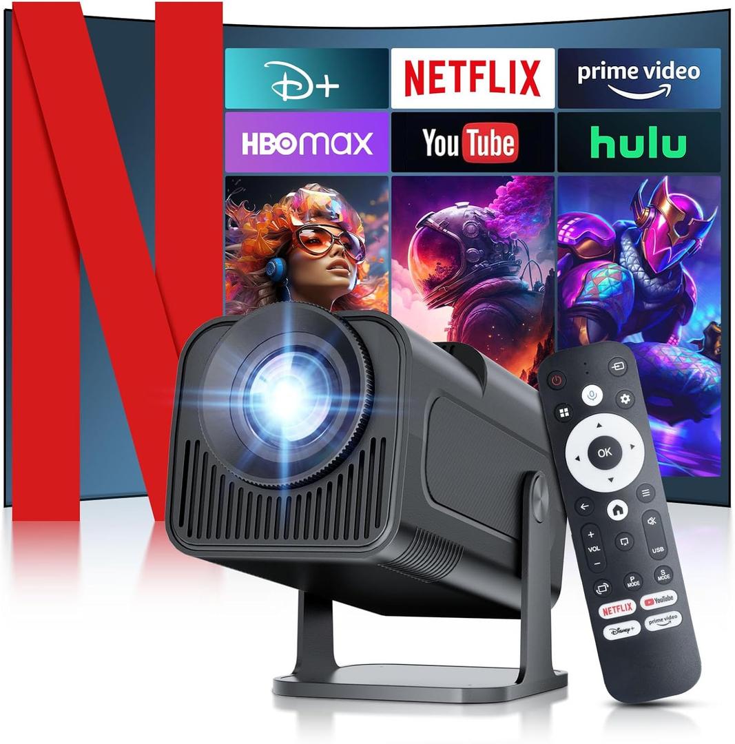 [ 2025 Netflix Licensed ] 4K Projector with Wifi Bluetooth, Android 13 Smart Projector w Built-in Netflix/YouTube/PrimeVideo/D+, Auto Keystone, 1080P Native Mini Portable Projector for Outdoor Movies (Black)