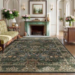 5x7 Floral Washable Area Rug for Living Room, Vintage Boho Rugs for Bedroom Dining Room, Botanical Birds Non Slip Low Pile Forest Throw Carpet for Farmhouse Office, Retro Gold/Green