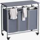LINZINAR 3 Bag Laundry Basket Sorter Heavy Duty Rolling Lockable Wheels Laundry Hamper Cart with Ironing Board and Removable Bags, Grey
