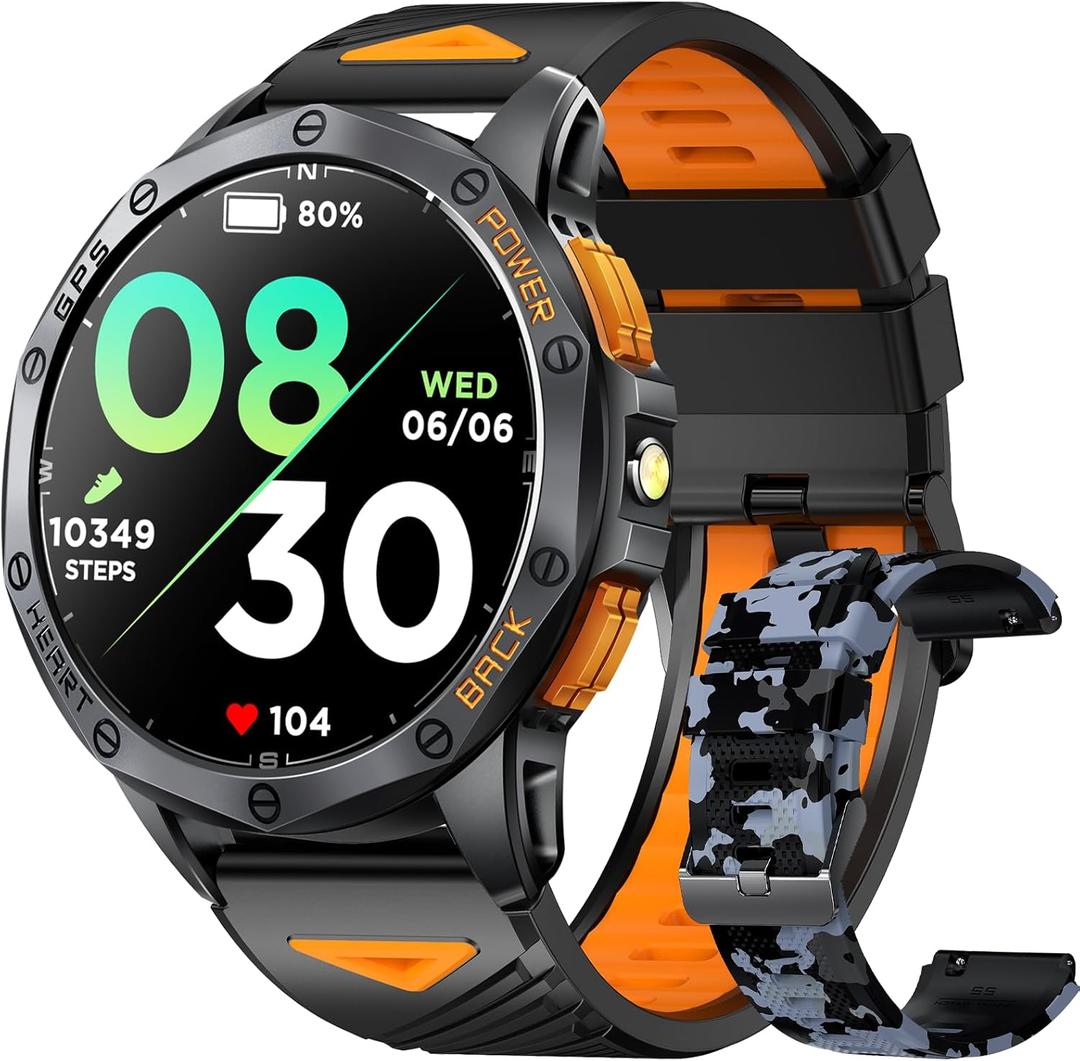 Military Smart Watches Built-in GPS, 170+ Sport Modes for Men with Flashlight, Smartwatch for Android Phones and iPhone, 1.43" AMOLED Screen Bluetooth Call Compass Altimeter (Black & Camo (2 Bands))