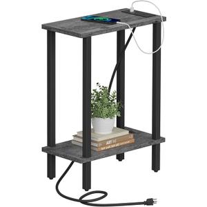 TUTOTAK Small End Table with Charging Station, Narrow Side Table with USB Ports and Outlets, Skinny Sofa Table, Slim Nightstand, Living Room, Bed Room, Charcoal Grey TB01BY060 (2-tier)