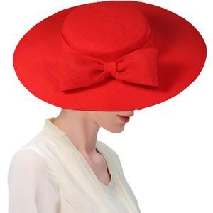 Wide Brim Hats for Women Big Bowknot Formal Occasion Kentucky Cap Lady Wedding Cocktail Party Flat Top Fedoras (Medium, Red)