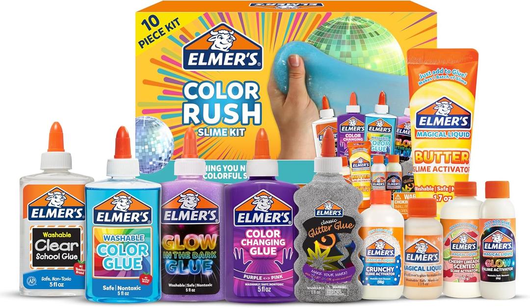 Elmer's Color Rush Slime Kit, Includes Liquid Glue, Activator, Makes Color Changing, Glow in The Dark, Butter Slime and More, 10 Piece Set - Perfect for Parties, Gift, Activity Time