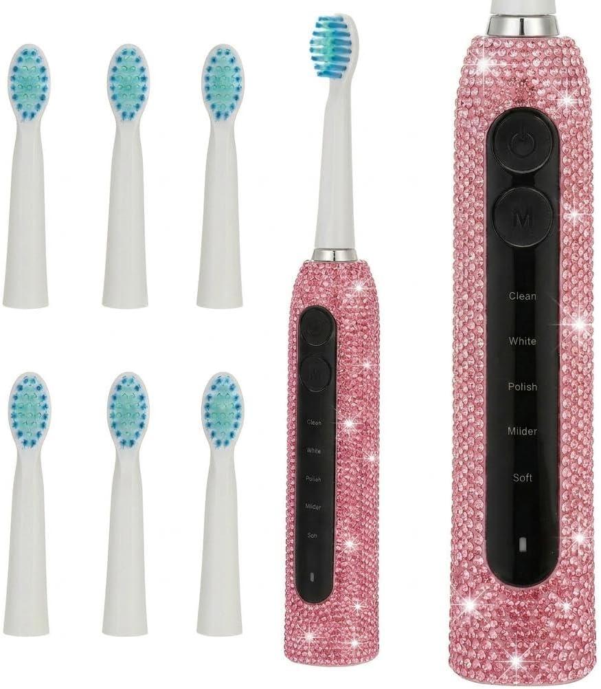Diamond Sonic Electric Toothbrush Bling Rechargeable Toothbrushes for Adults with 6 Brush Heads Vibrating Toothbrush-5 Modes, USB-C Fast Charge,2Min Smart Timer, IPX7 Waterproof(Pink)