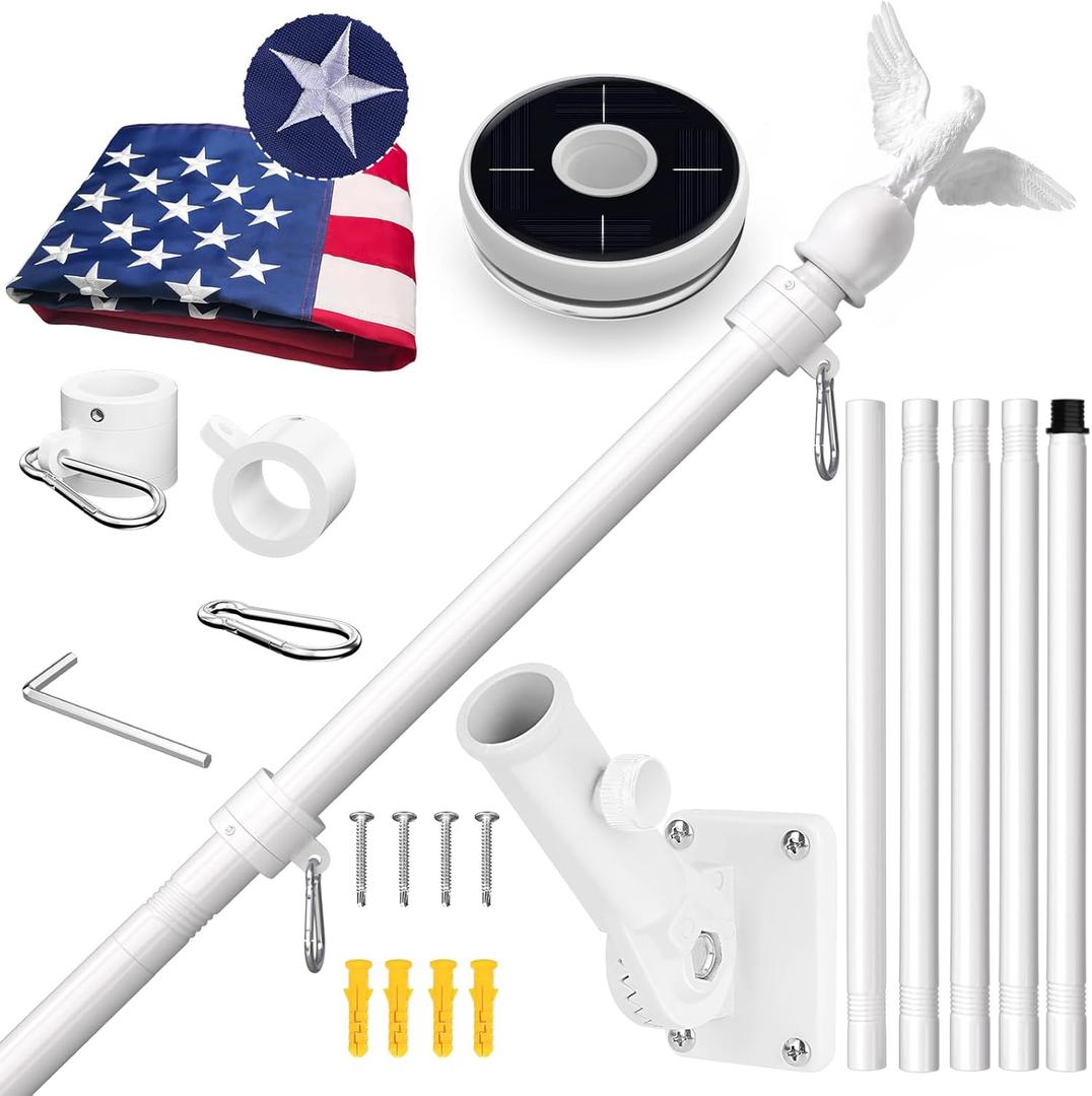 LETSTRY American Flag with Pole & Flag Pole Light, 6FT White Flagpoles for Outside House with 180 Adjustable Bracket, 1" Thickened Stainless Steel Wall Mount Flagpole for Residential Porch Outdoor