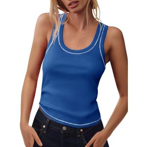Tankaneo Womens Summer Ribbed Tank Top Casual Ringer Scoop Neck Sleeveless Knit Fitted Tops Going Out Tee Shirts (Large, Blue)