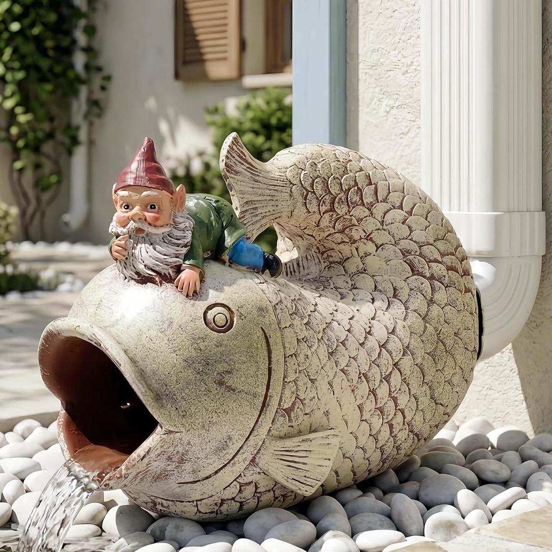Gnome Fish Sculpture, Garden Animal Statue & Outdoor Decor, Eco-Friendly Resin Gutter Diverter Rain, Decorative Gutter Extension Downspout, Splash Block, Perfect for 3"x4" Downspouts