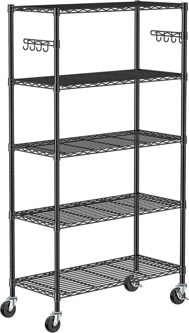 Folews 5 Tier Storage Shelves with Wheels - Adjustable Wire Shelving Unit Metal Shelves for Storage Rolling Utility Shelf Organizer Rack for Kitchen Garage Pantry Closet Laundry(14D x 36W x 75H)