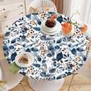 Blue Botanical Round Tablecloth  Fitted Circle Table Cover with Elastic Edge, Waterproof & Washable Polyester Table Cloth for 55" to 66" Indoor/Outdoor Tables (Indigo Garden Berries)