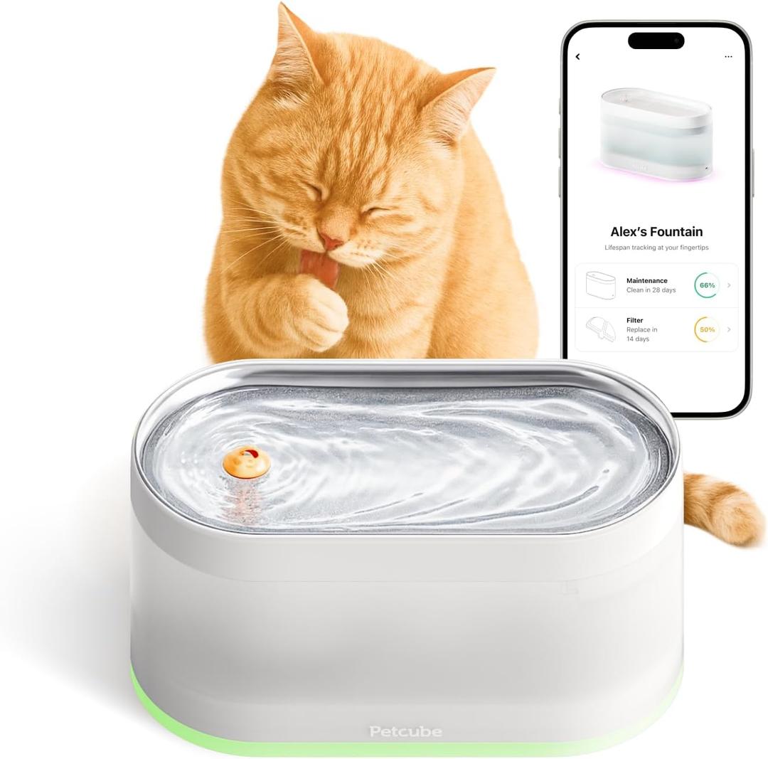Petcube Pet Water Fountain | Automatic Wireless Fountain for Cats and Dogs with Stainless Steel Bowl, Easy to Clean, 4-Layer Filtration, in-App Filter Control, LED Light, Quiet Pump, Battery Operated (White) Petcube Pet Water Fountain | Automatic Wireless Fountain for Cats and Dogs with Stainless Steel Bowl, Easy to Clean, 4-Layer Filtration, in-App Filter Control, LED Light, Quiet Pump, Battery Operated (White)
