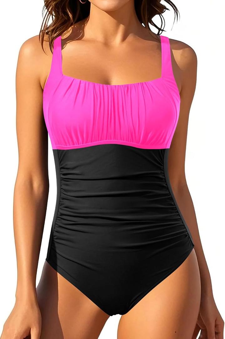 Aqua Eve One Piece Bathing Suit for Women Tummy Control Swimsuit Slimming Vintage Swimwear (X-Large, Hot Pink and Black)