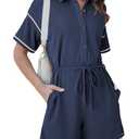 Dokotoo Women's Fashion 2025 Spring Summer Buttons Collar Short Sleeve Drawstring Waist Side Pockets Striped Casual Jumpsuits Romper Navy Blue Size 2XL