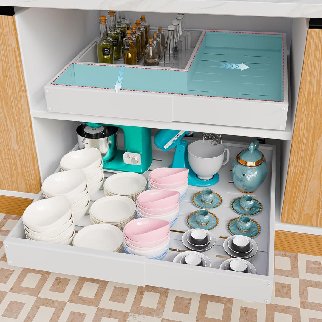 Pull Out Cabinet Organizer, Adjustable Width 16"-22" & Depth 12"-20", No Drill, for Kitchen, Pantry, Bathroom, White