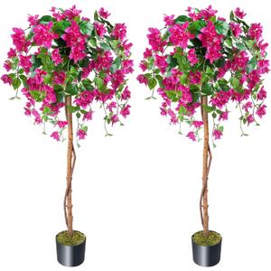 HUAESIN 2 Pack 5FT Bougainvillea Artificial Tree Tall Potted Fake Bougainvillea Trees Lifelike Faux Plants with Wood Trunk and Pink Flower for Indoor Outdoor Office Wedding Home Decor
