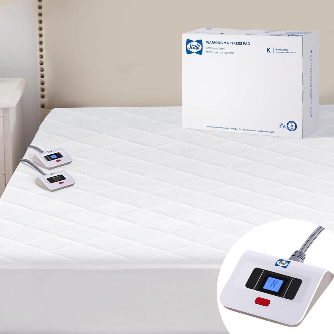 Sealy 3M Scotchgard Heated Mattress Pad | Quilted Cotton Electric Bed Warmer with 10 Heat Setting Dual Controller | 1-12 Hours Auto Shut Off | 17" Deep All Around Elastic Pocket, King, White