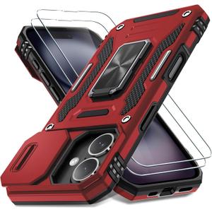 DEERLAMN Case for iPhone 16 with Slide Camera Cover+Screen Protector (2 Packs), Rotated Ring Kickstand Military Grade Shockproof Protective Cover-Red