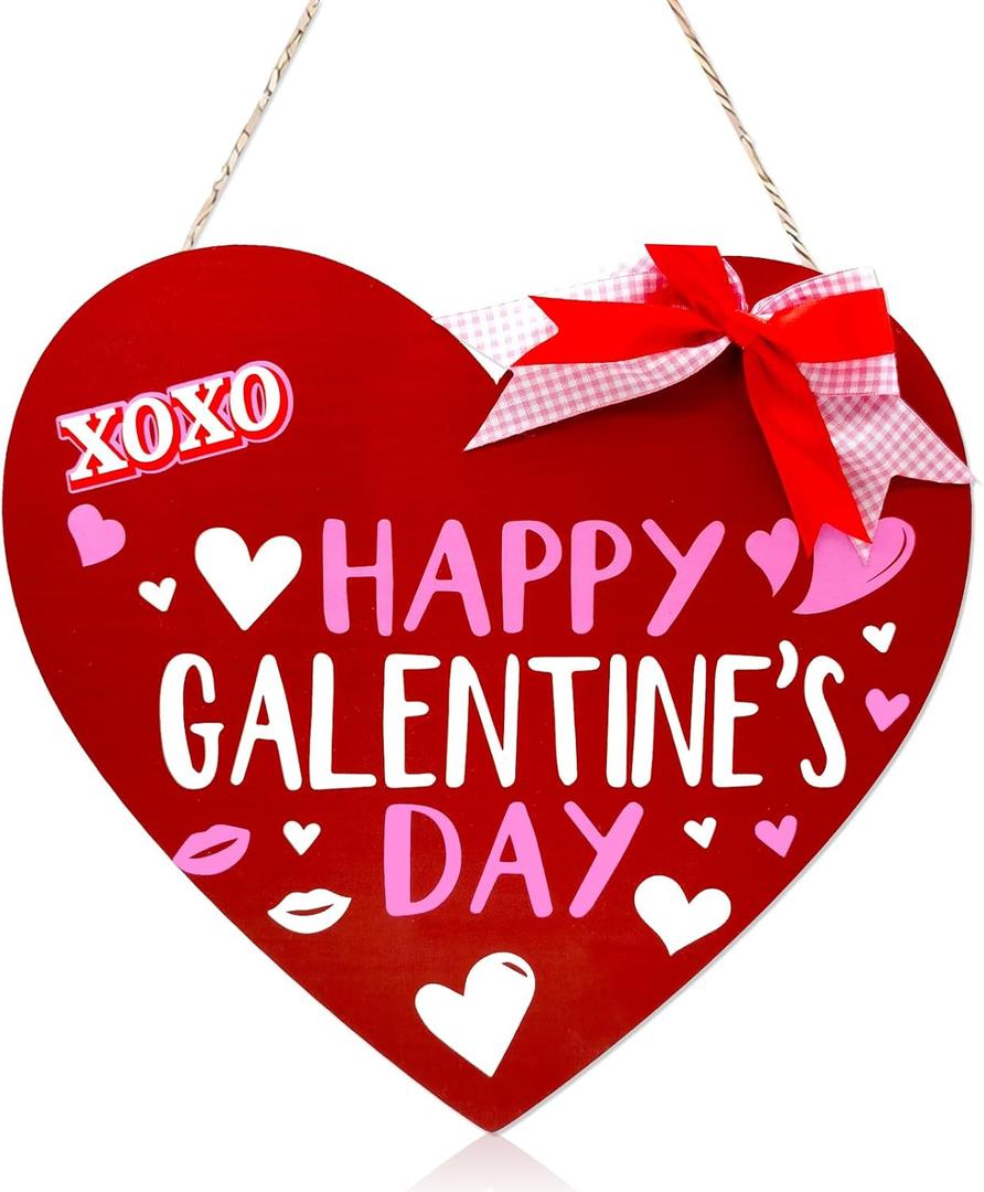 Happy Galentine's Day Wooden Hanging Sign Valentines Day Door Hanger Wood Heart Door Wreaths with Red Pink Buffalo Bowtie for Galentines Day Hanging Valentines Day Door Decor