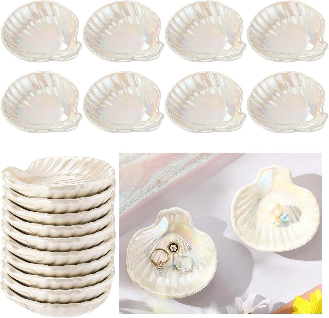 Teenyyou 8 Pcs Shell Ring Dish Ceramic Jewelry Trinket Dish Tray Seashell Ring Key Holder Bowl Beach Room Coastal Plate Decor for Home Bathroom Counter(White)