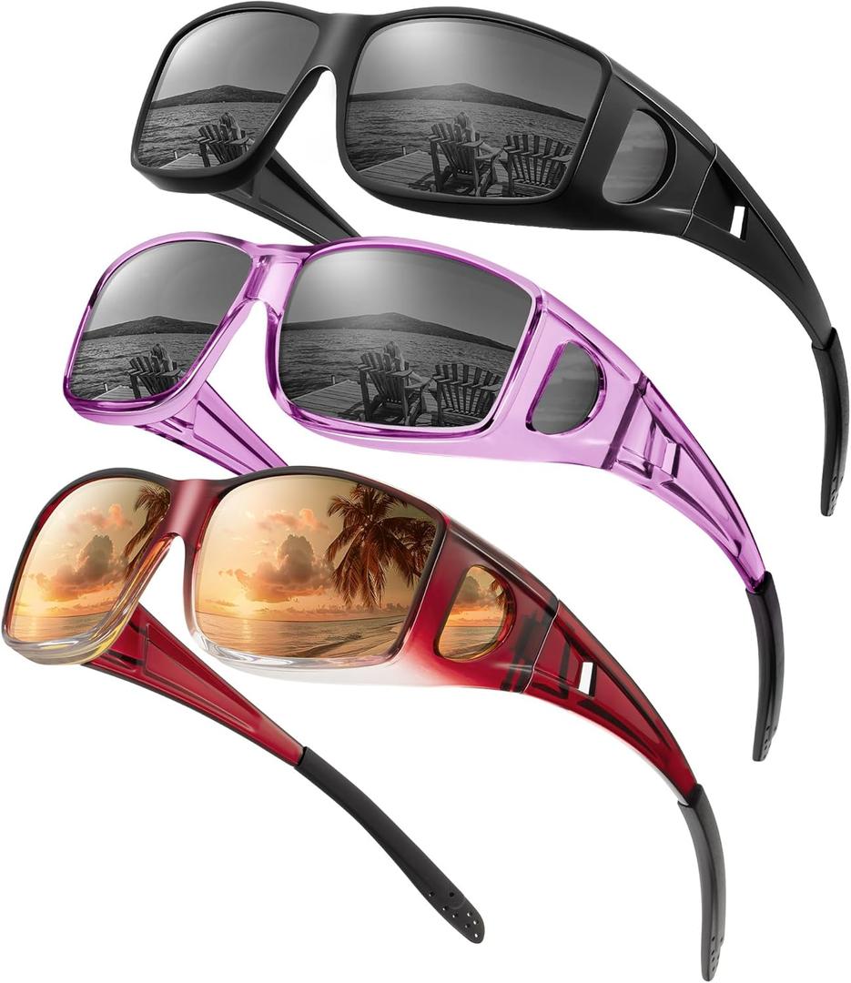 KALIYADI Sunglasses Fit-Over-Glasses Polarized Sunglasses-Men: Wrap Around Sun glasses Womens with UV Protection for Driving (B-matte Black/Grey + Transparent Purple/Grey + Gradient Wine Red/Brown)