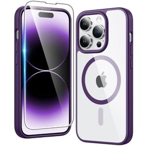 FNTCASE for iPhone 14 Pro Case: Clear Magnetic Phone Cases with Screen Protector Compatible with Magsafe Slim Anti Yellowing Rugged Shockproof Protective Transparent Cell Phone Cover (B-Purple)