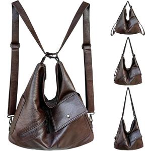 4-in-1 Convertible Crossbody Backpack Purse for Women, Large Soft Vegan Leather Casual Daily Work Travel Hobo Bag (PU Brown)