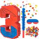 Number 3 Birthday Pinata for Kids, Spider Theme Pinata 16 Inch with Stick, Blindfold & Confetti, Superhero Party Decorations for Boys and Girls (3th)