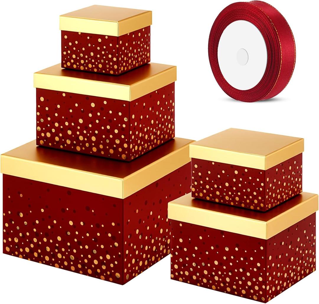Teenyyou 5 Valentine's Day Burgundy Square Nesting Boxes Decorative Gift Boxes with Lid and Ribbon 5 Assorted Sizes Wrap for Valentine, Anniversary, Birthday